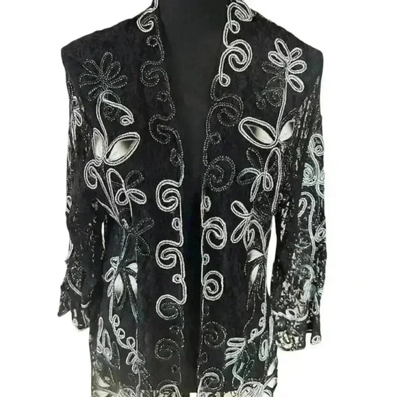 Black Lace Cardigan w/ Rope Floral Accents, size Medium - Picture 2 of 3